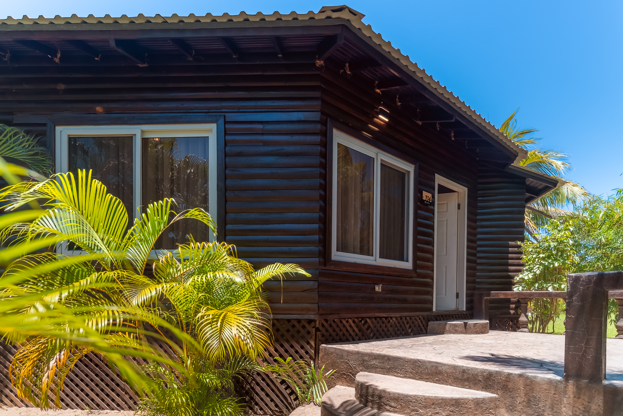 Cabaña de madera rodeada de vegetación tropical